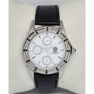 Women's Paolo Gucci Stylish Paved Round Silver Tone Black Leather Band Watch 06